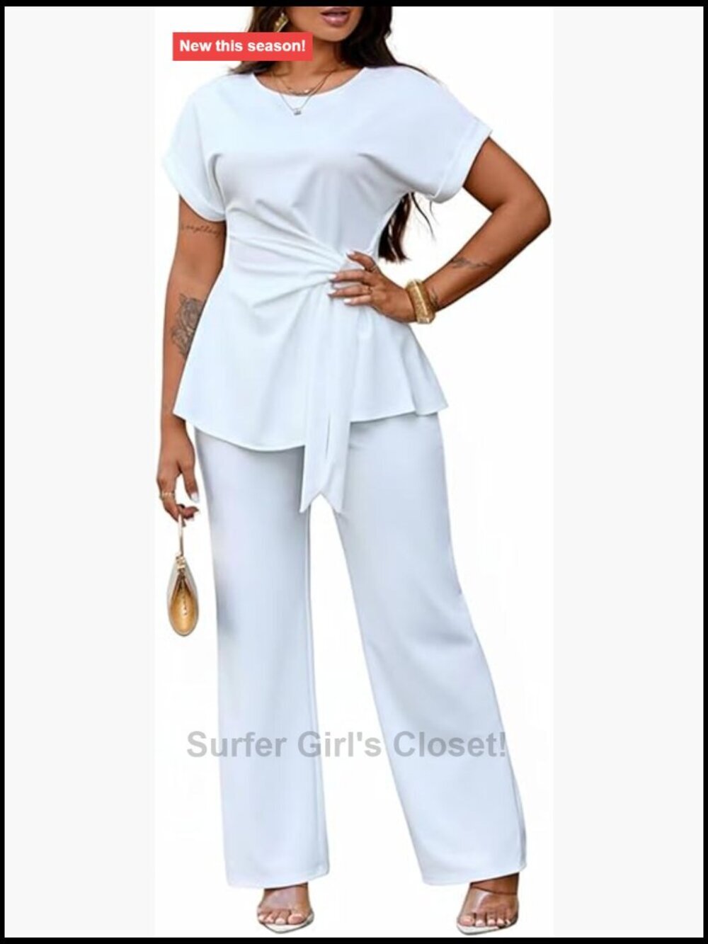 Short Sleeve Peplum Top Flared Pant Business Suit Set Pantsuit